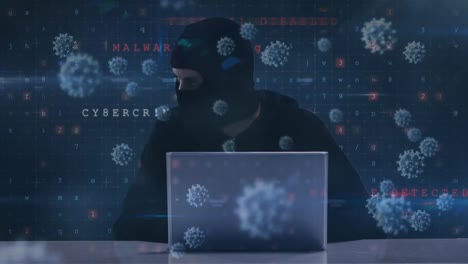animation of a hacker hooded man in a data room over a macro coronavirus covid-19 cells floating