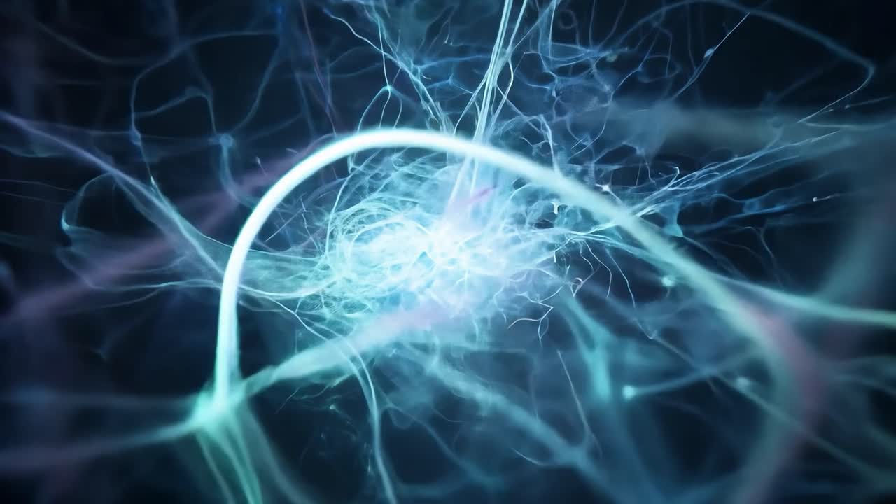 la energía azul que fluye crea una luz vibrante en el centro de una red dinámica, iluminando el espacio circundante.