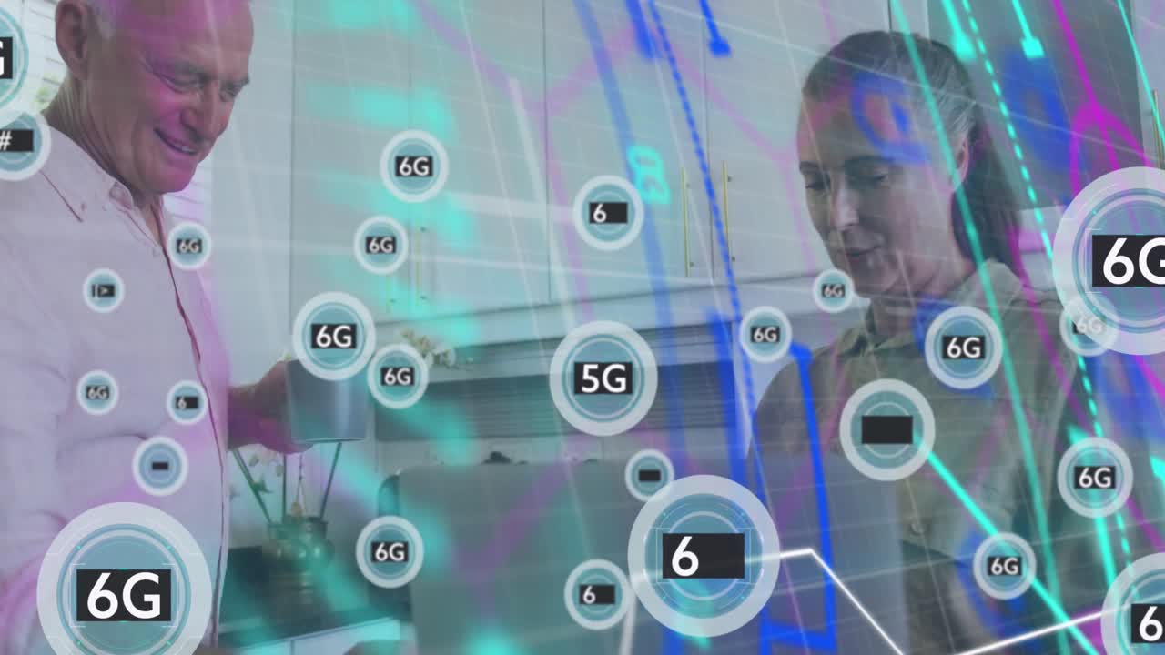 사무실에서 일하는 백인 남성과 여성 고객 서비스 임원에 대한 디지털 아이콘 네트워크