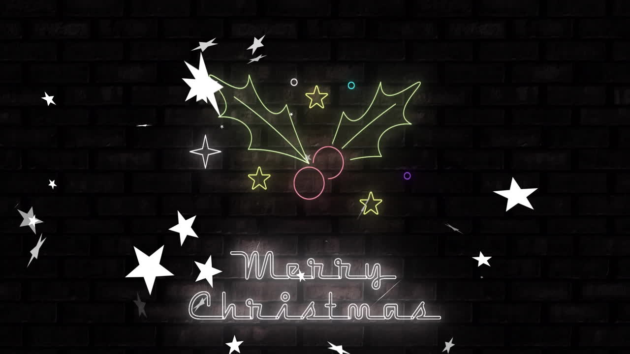 Merry Christmas text animation with holly leaves and stars on dark brick wall