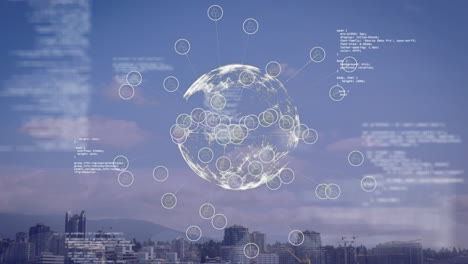 global network connections and data processing animation over cityscape