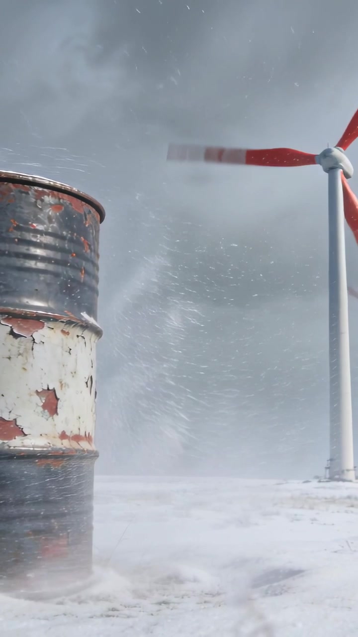 Video verticale: Fusto arrugginito in piedi, turbina che gira sollevando un pennacchio di neve su un campo innevato, con spazio per il testo.