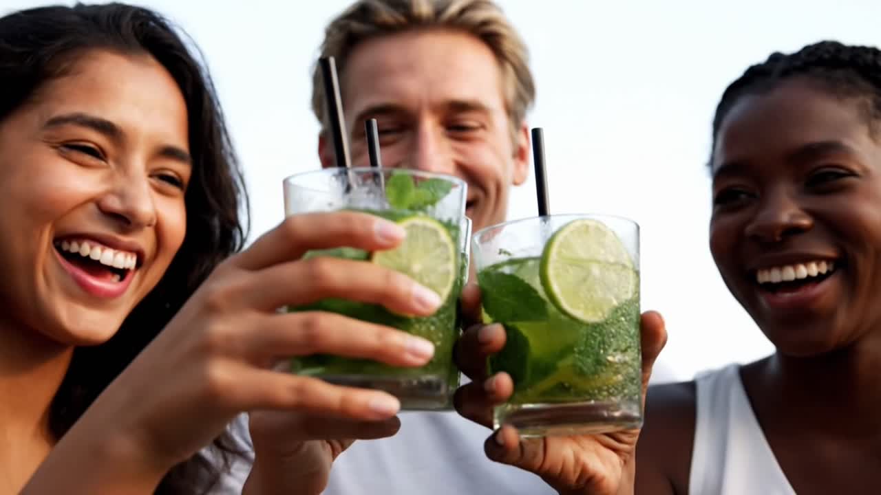 Amigos diversos brindando juntos com coquetéis mojito.