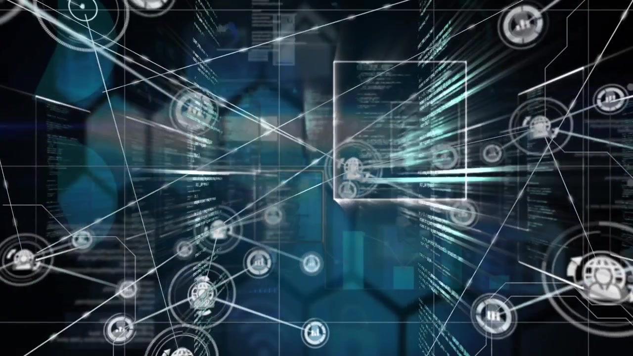 Animation of network of connections with icons over data processing