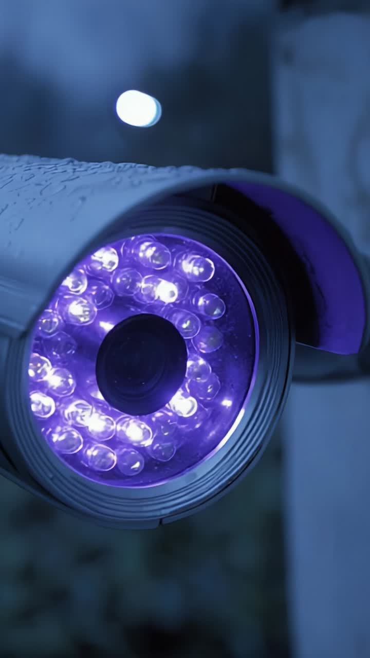 Illuminated Surveillance Camera Capturing Night Vision with Violet LED Lights, Offering Enhanced Security Monitoring in Low-Light Environments