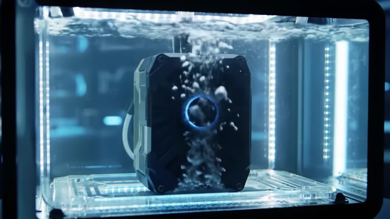 A Futuristic Device Encased in Water Showcasing Bubbles and LED Lights, Hinting at Advanced Technology and Potential Underwater Applications in an Innovative Environment