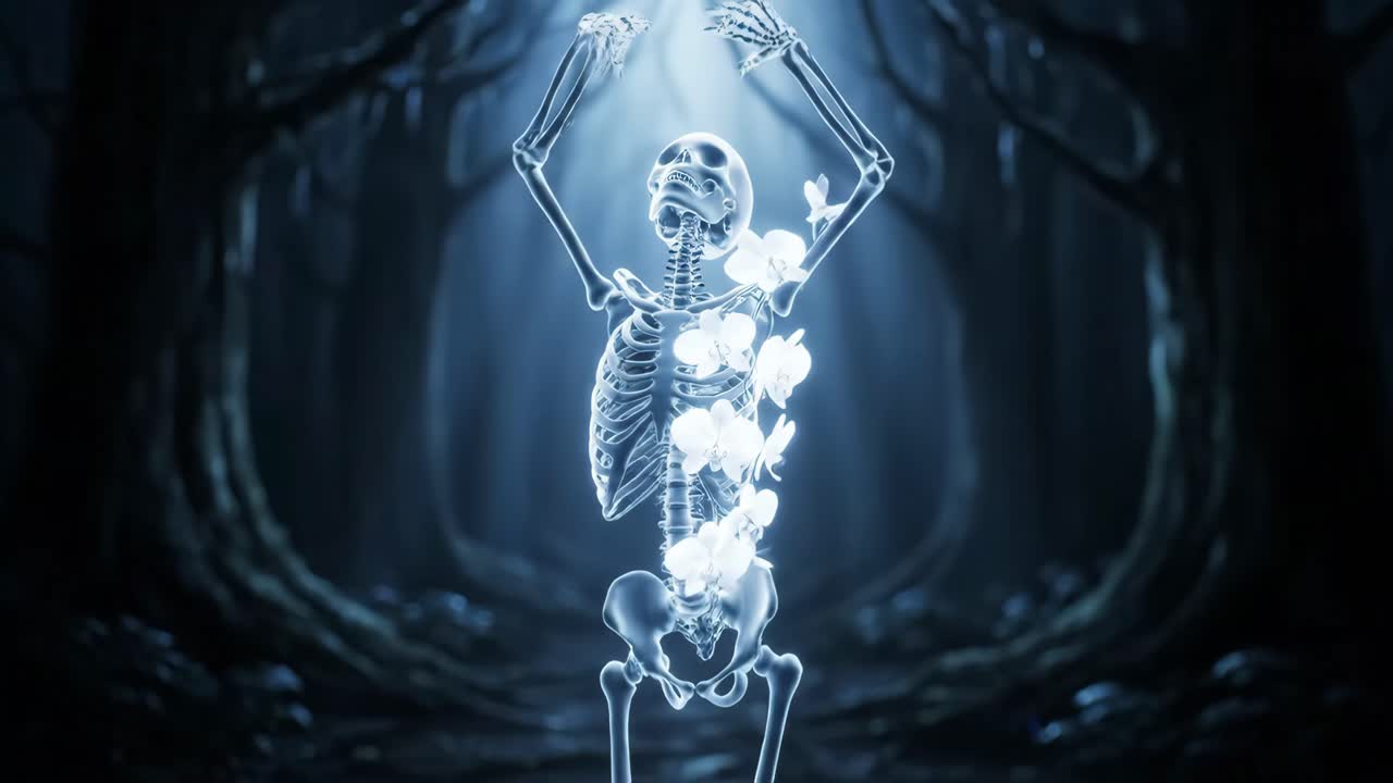 Glowing skeleton in a dark forest with orchids