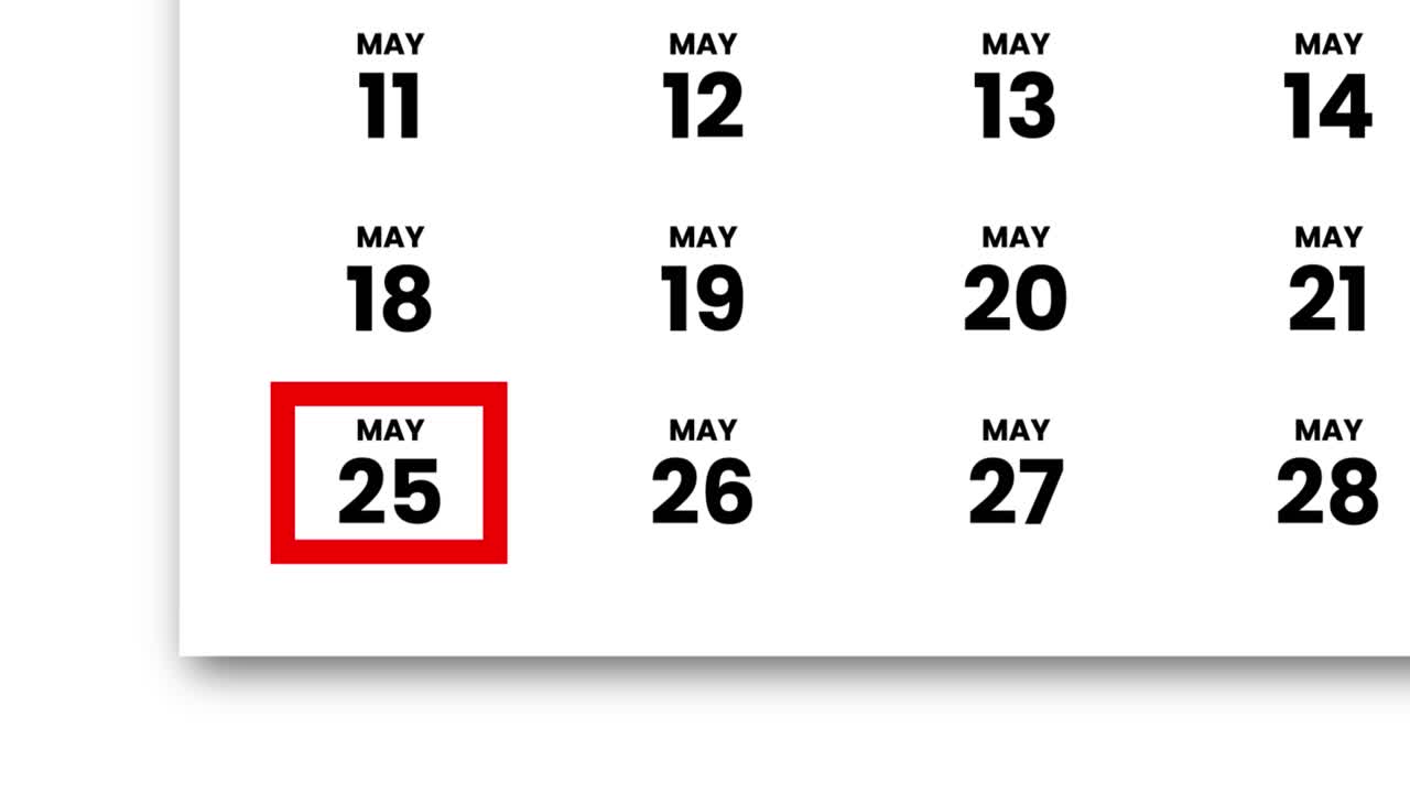 Digital kalender for maj 2026 med rulning og fremhævning af en dato