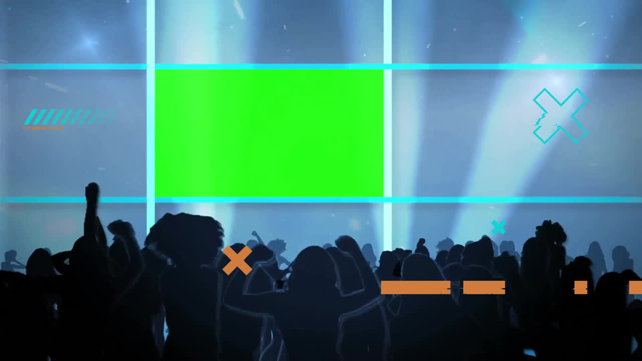 Silhouetted crowd dancing under bright blue beams with animated teal lines and orange crosses