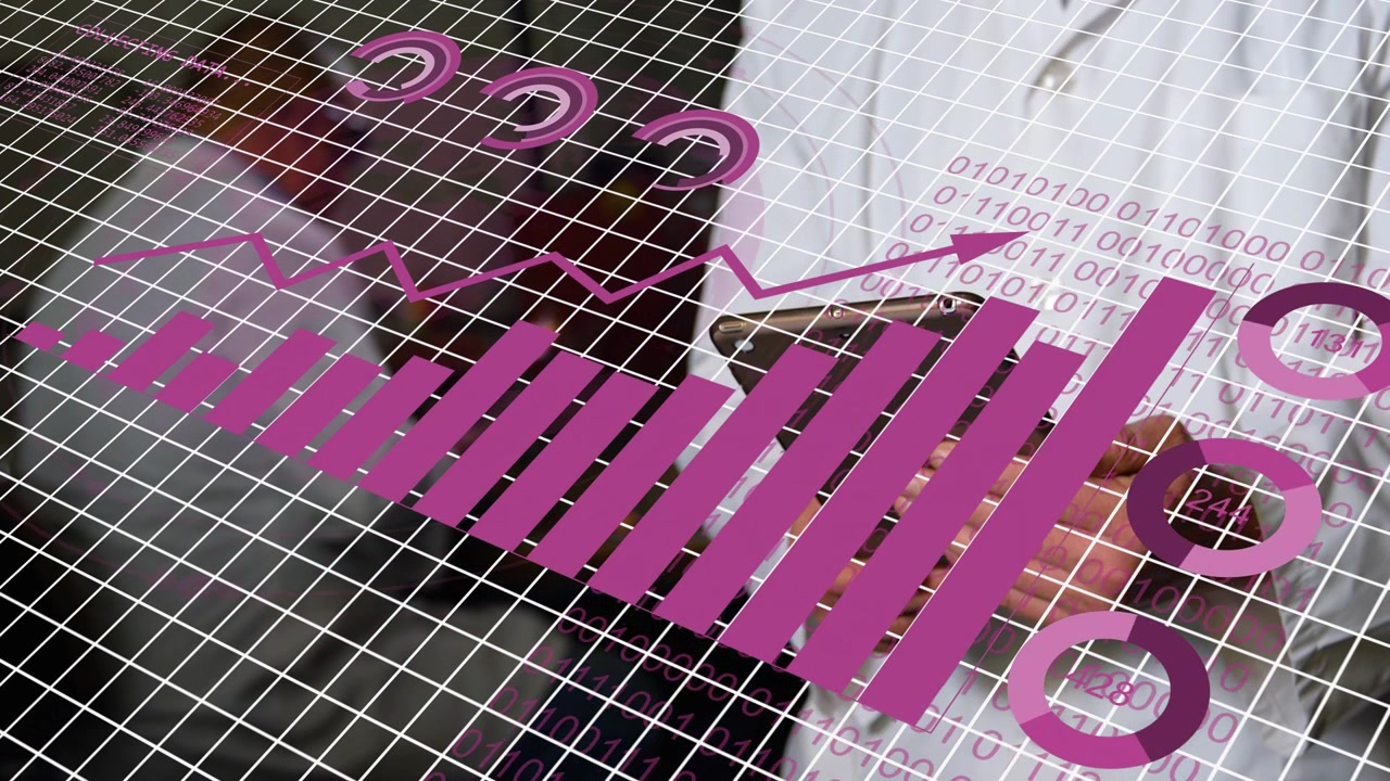 Uomo a destra che tiene un tablet, tocca e inizia a visualizzare metriche aziendali su una griglia, con barre in aumento.