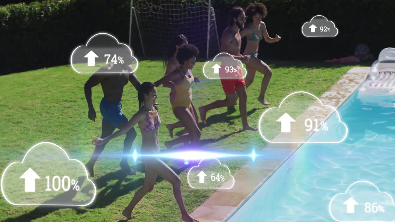 Running into pool, group with cloud data icons overlay, creating animation effect