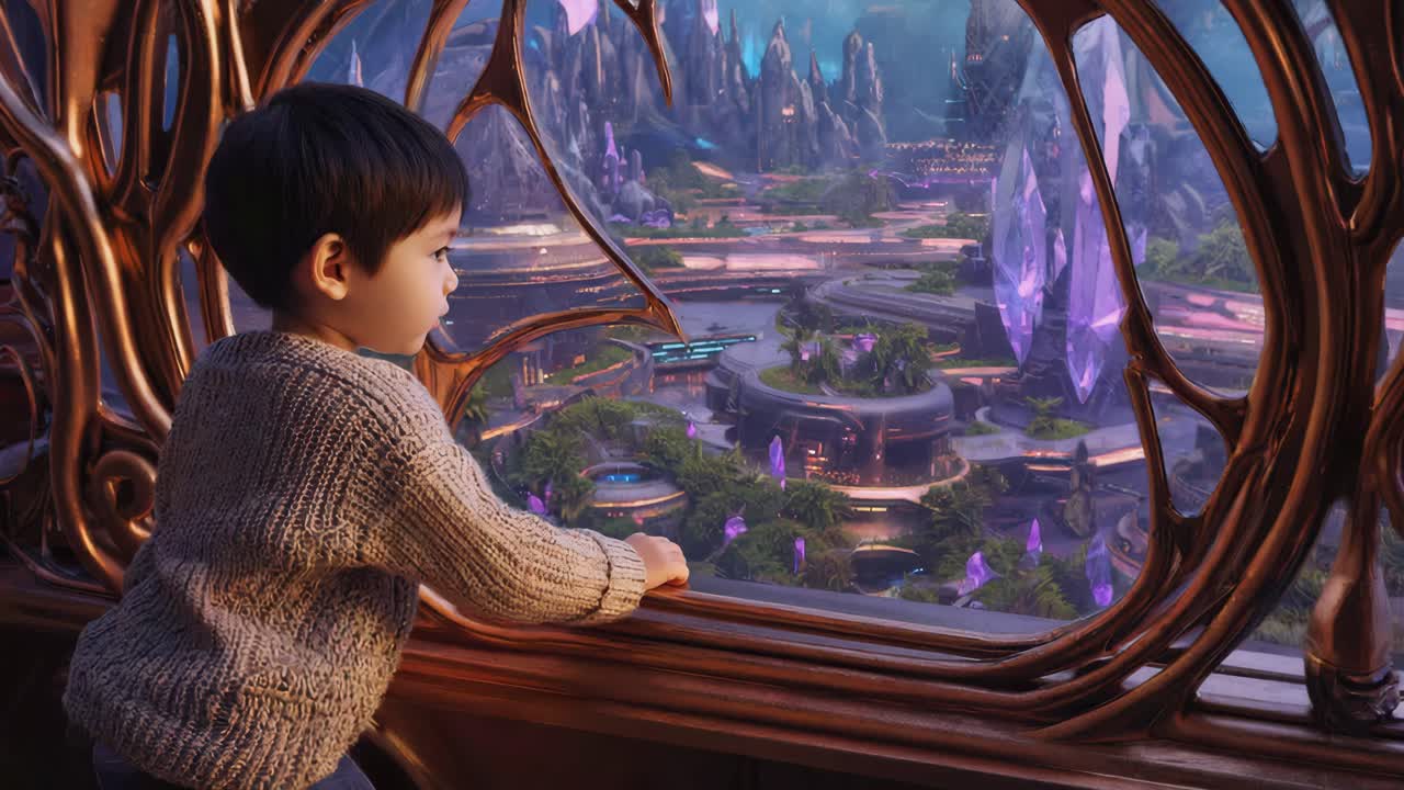 Boy looking out at a futuristic crystal city