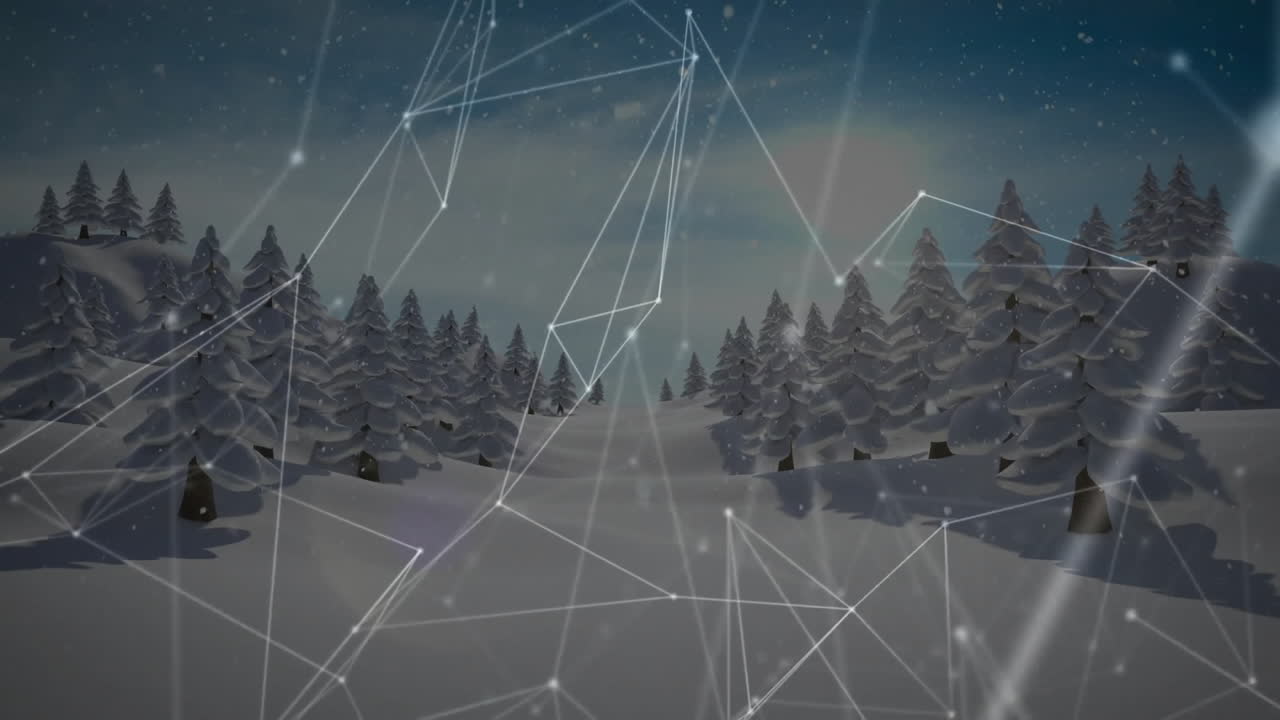Snow-covered pine trees glowing in 3D network overlay falling snowflakes drifting over dusk sky