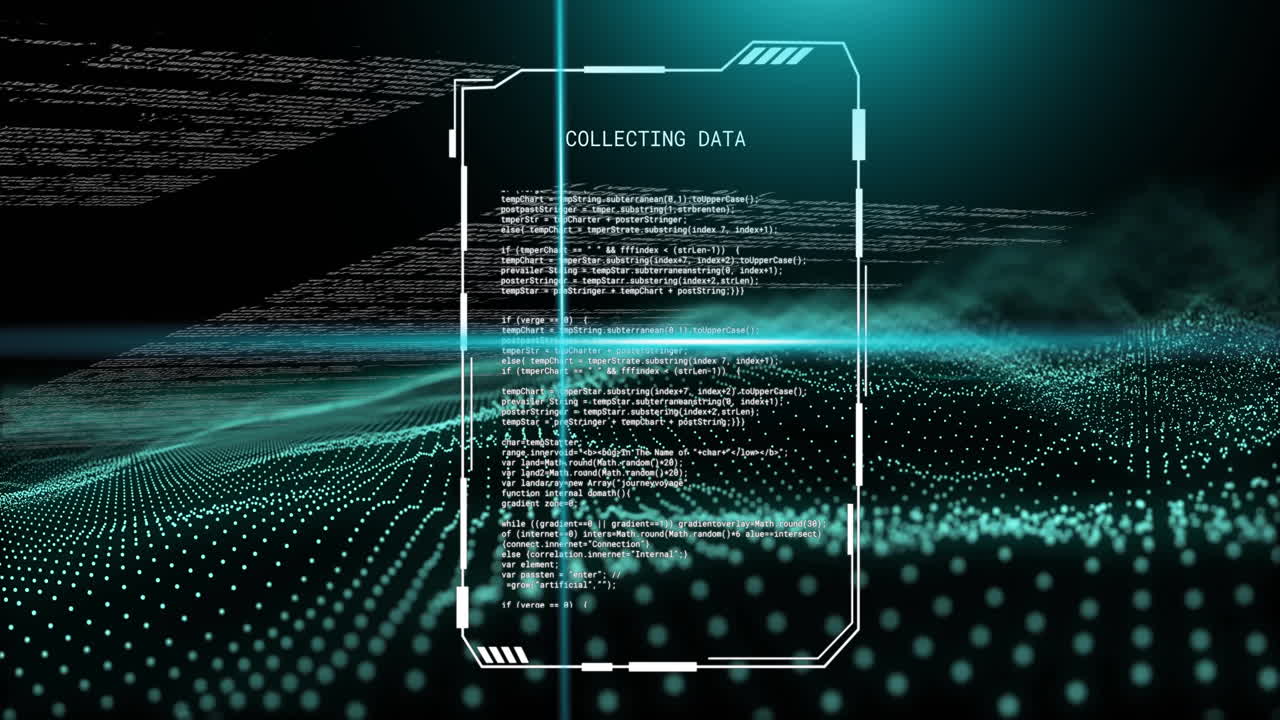 Animation of blue scanner beams over interface collecting data and blue network wave on black