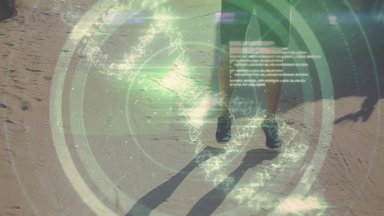Animation of data processing and dna strand over caucasian man jumping