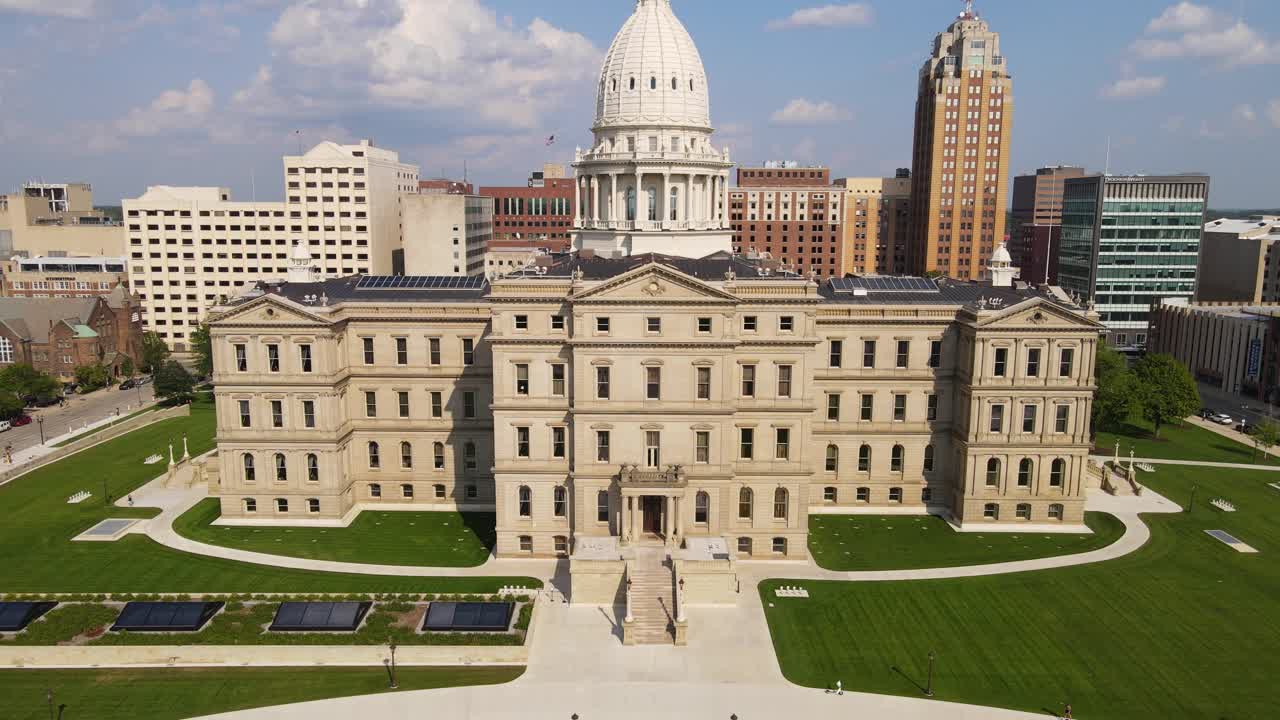 Aerial view of the historic Michigan State Capitol Building and downtown Lansing