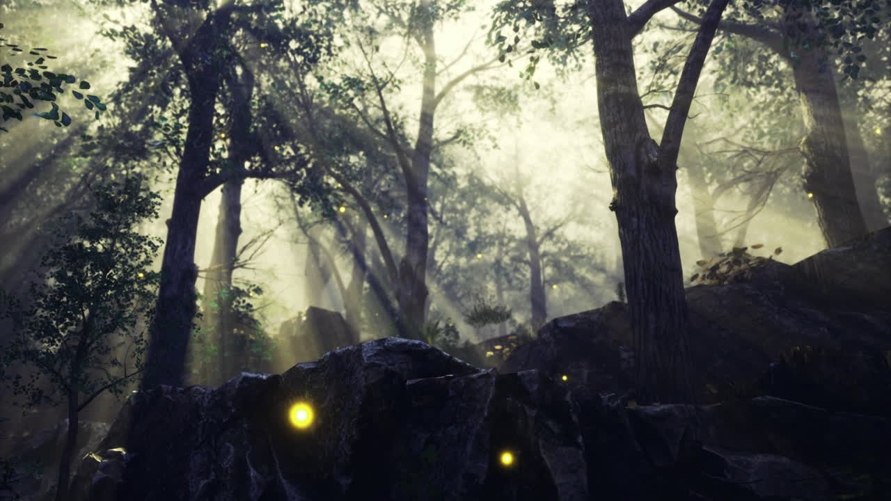 Light filters through trees in a mystical forest filled with fireflies