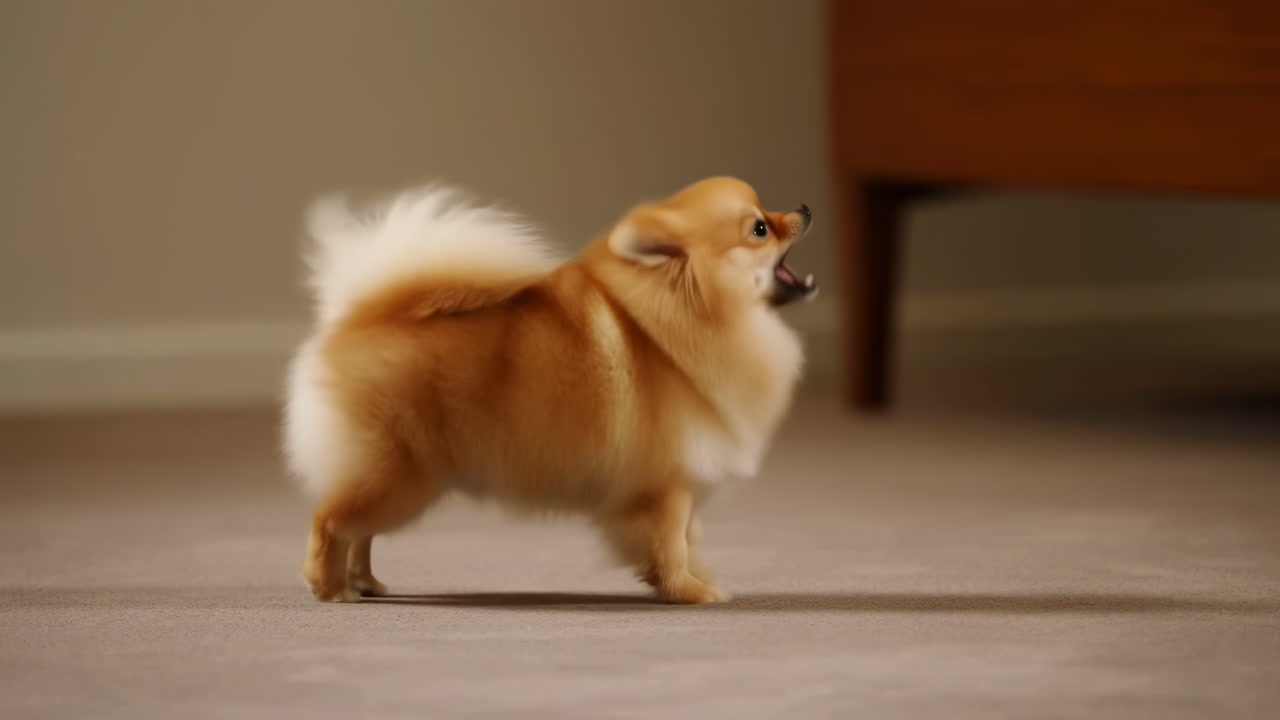 Fluffy Pomeranian Walking Across Carpet, Soft Golden Fur And High Plume Tail, Alert Expression And Gentle