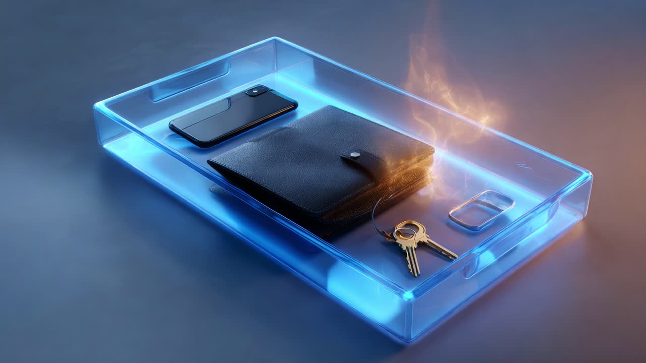 A sleek, modern transparent tray showcasing essential items including a stylish black wallet, smartphone, and keys, illuminated with dynamic lighting to enhance the visual appeal