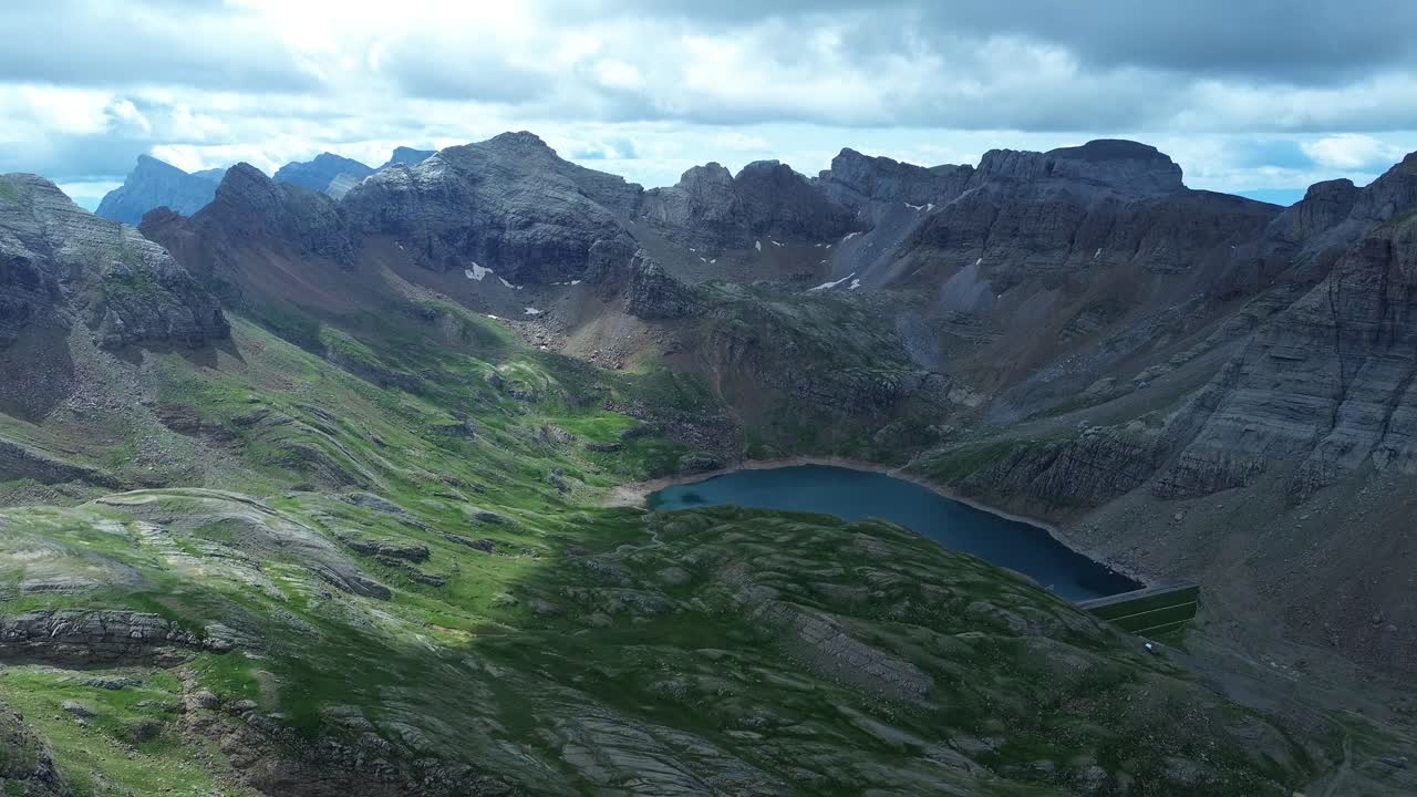 Aerial view of the Ip Valley, located near Canfranc in Aragon, Spain, on a cloudy day