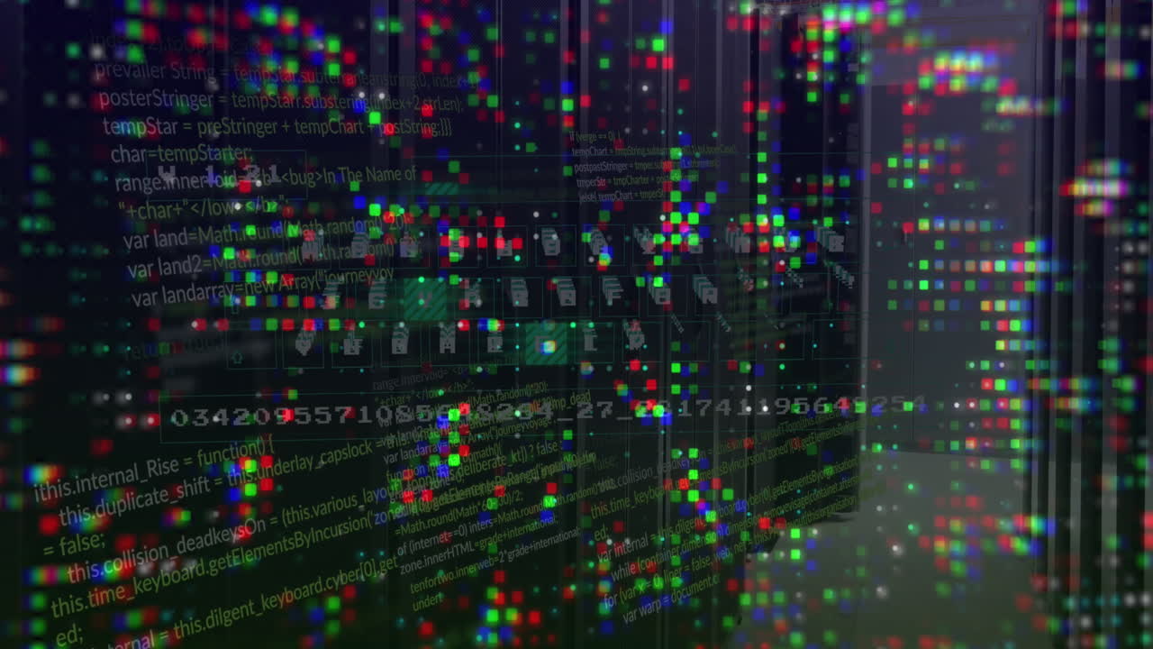 Animation of mosaic squares, virtual keyboard and data processing against computer server room