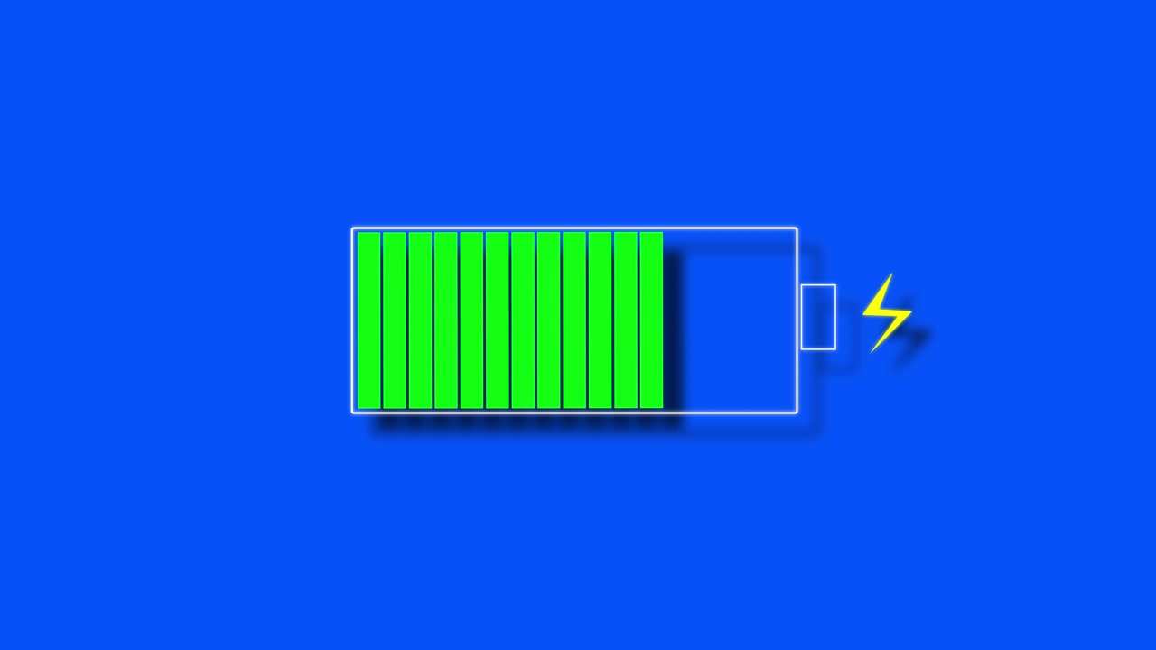 Icona digitale della batteria, caricabatterie che indica il passaggio da livello basso a pieno (verde), batteria del cellulare. Batteria su griglia.