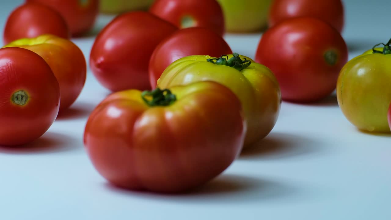 variedad de tomates rojos y amarillos colocados en una superficie blanca