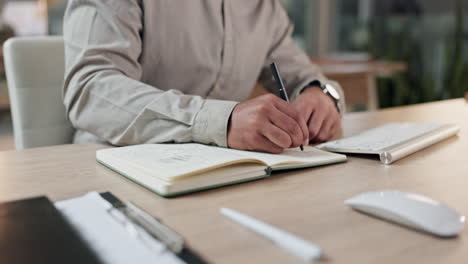 writing, schedule and hands of business person