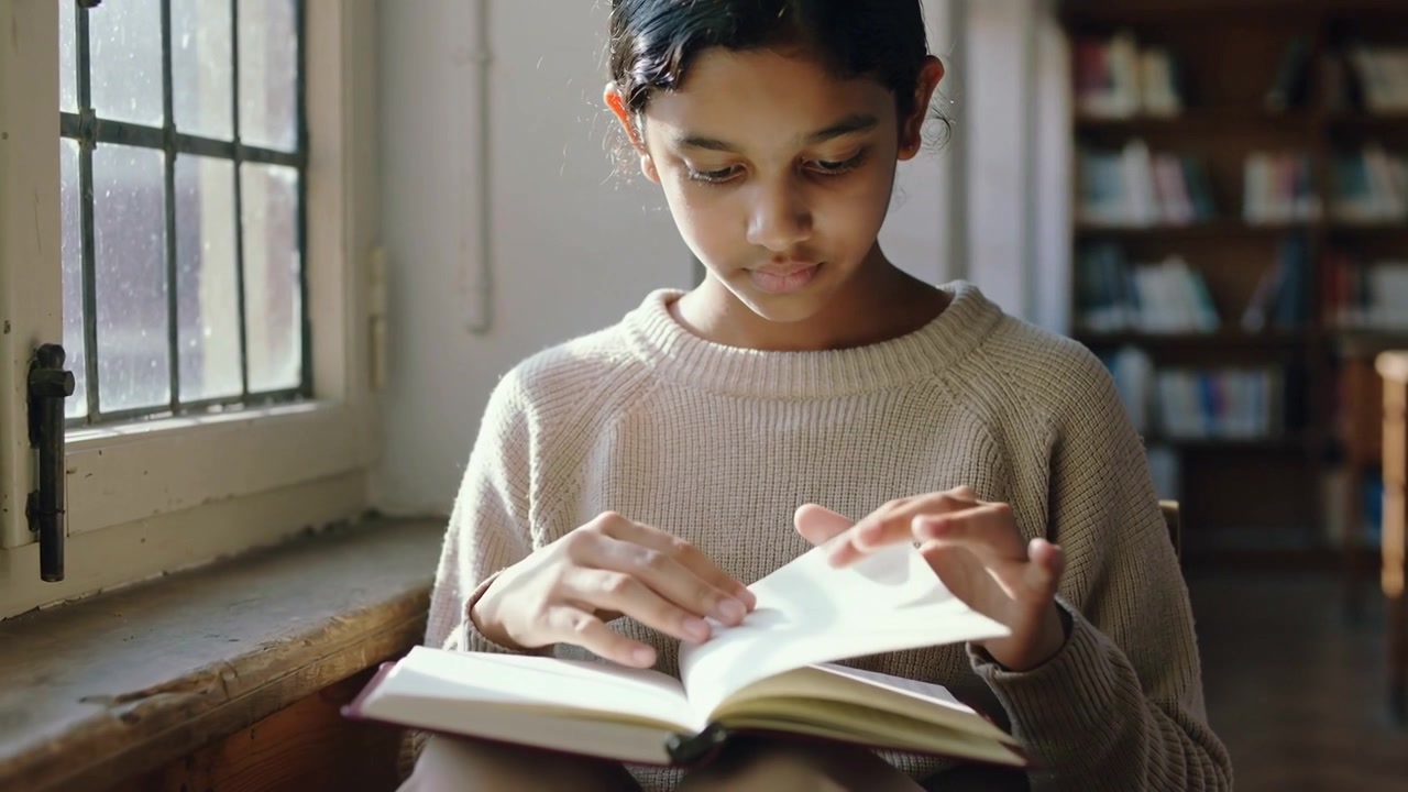 Reading teen in beige knit following text, turning, smoothing pages at library window holding book