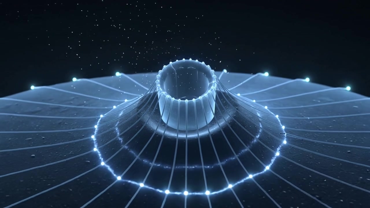 Pulling back camera showing glowing toroidal structure unfurling to form skirt in space with nodes