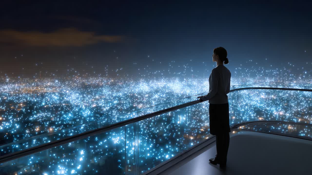 Una donna pensierosa osserva un paesaggio urbano abbagliante illuminato da luci scintillanti, persa nei suoi pensieri sotto il cielo notturno della città, evocando meraviglia e riflessione