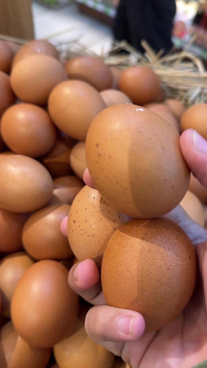 Close-up de Mão Selecionando Ovos Frescos Marrons no Supermercado