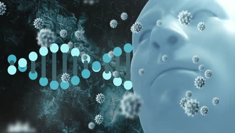 Animation-Von-Viruszellen-Und-DNA-über-Menschlichem-Gesichtsmodell-Und-Schwarzem-Hintergrund