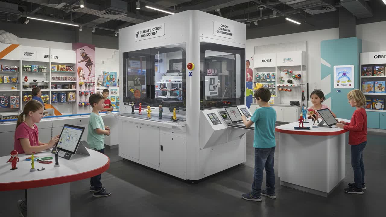 Interactive Learning Experience in a Modern Toy Store: Children Engaging with Digital Displays and Innovative Toys in a Vibrant Retail Environment