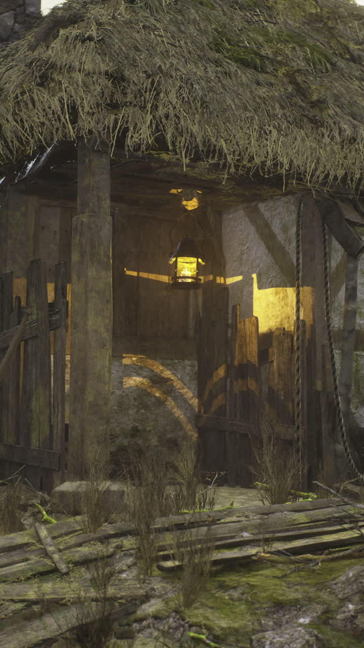 Abandoned cottage nestled in the woods emits a warm glow in the evening dusk