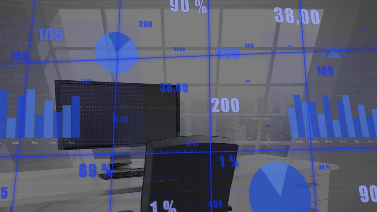 animación del procesamiento de datos financieros y estadísticas en la oficina