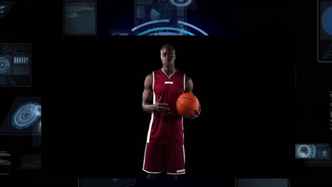 animation of african american male basketball player over scope scanning on black background