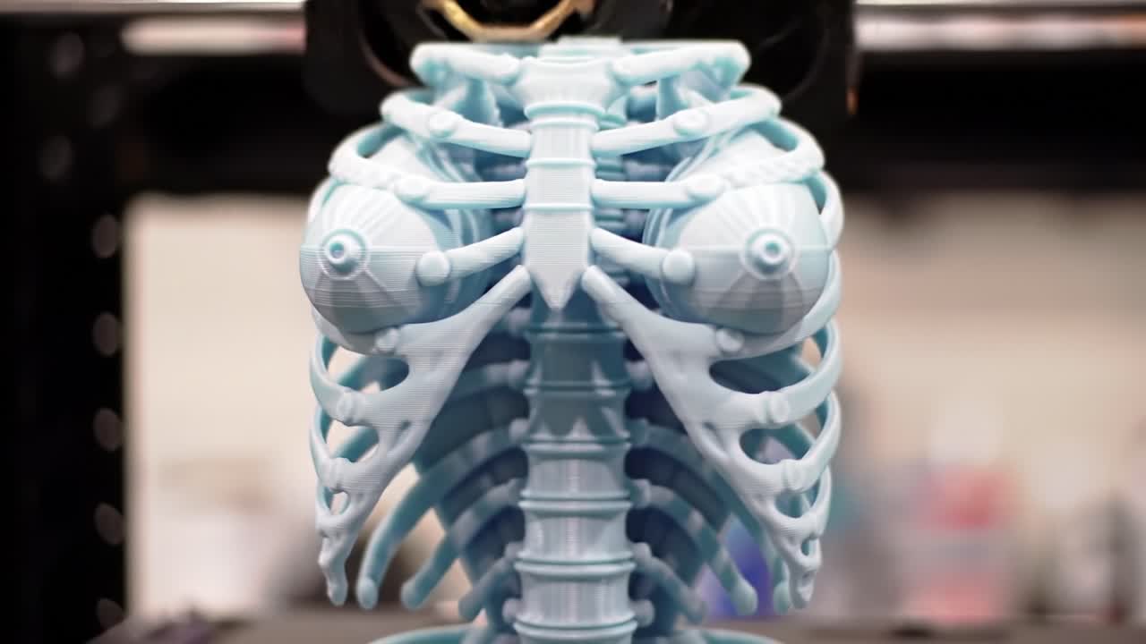 3D Printed Model of a Human Rib Cage Featuring Intricate Detailing and Realistic Structure Captured During the Manufacturing Process