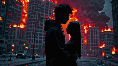 couple embraces amidst city fire