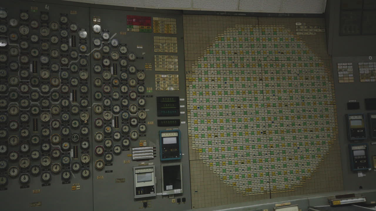 Chernobyl Power Plant Control Room Wall Indicators In Pripyat, Ukraine - Panning Shot
