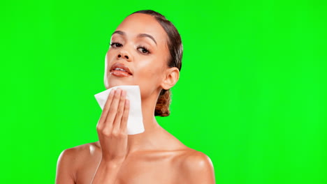 Green-screen,-wet-wipe-and-face-of-woman-in-studio