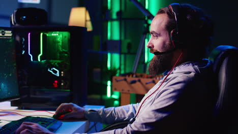 player talking with teammates, flying spacecraft, enjoying leisure time in neon lights adorn living room