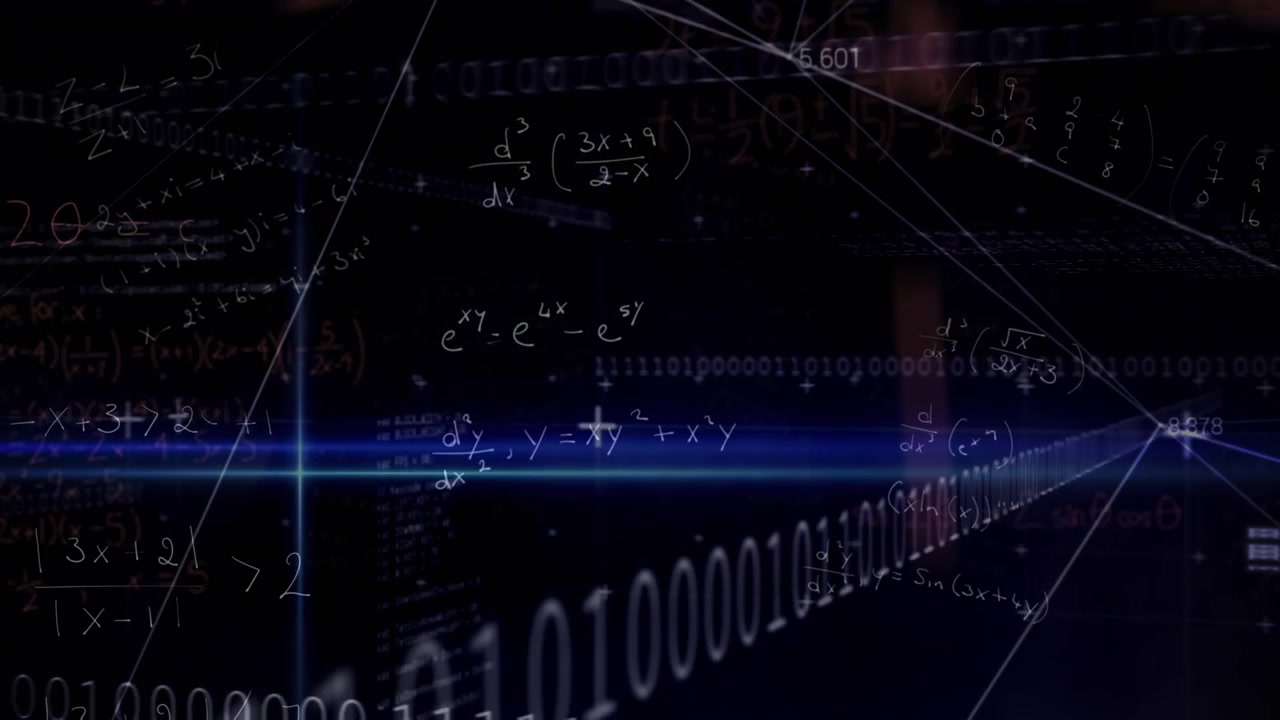 Digital Background with Floating Mathematical Formulas and Binary Code