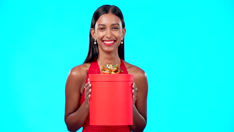 gift box, retail and happy studio woman with sales