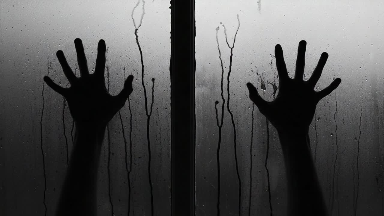 A haunting visual encapsulating desperation as silhouetted hands press against a foggy glass, evoking emotions of confinement and yearning for freedom in a dim atmosphere