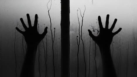 a haunting visual encapsulating desperation as silhouetted hands press against a foggy glass, evoking emotions of confinement and yearning for freedom in a dim atmosphere