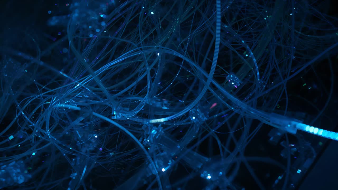 Cycling LEDs revealing dense clear tubes in dark box, showing clips and lit vertical fiber