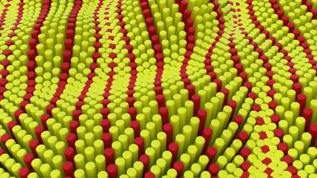 líneas rojas amarillas abstractas fondo con cilindros. azulejos redondos de cerámica. patrón de geometría. células aleatorias. superficie poligonal brillante. abstracción futurista. bucle sin costuras animación 3d de 4k