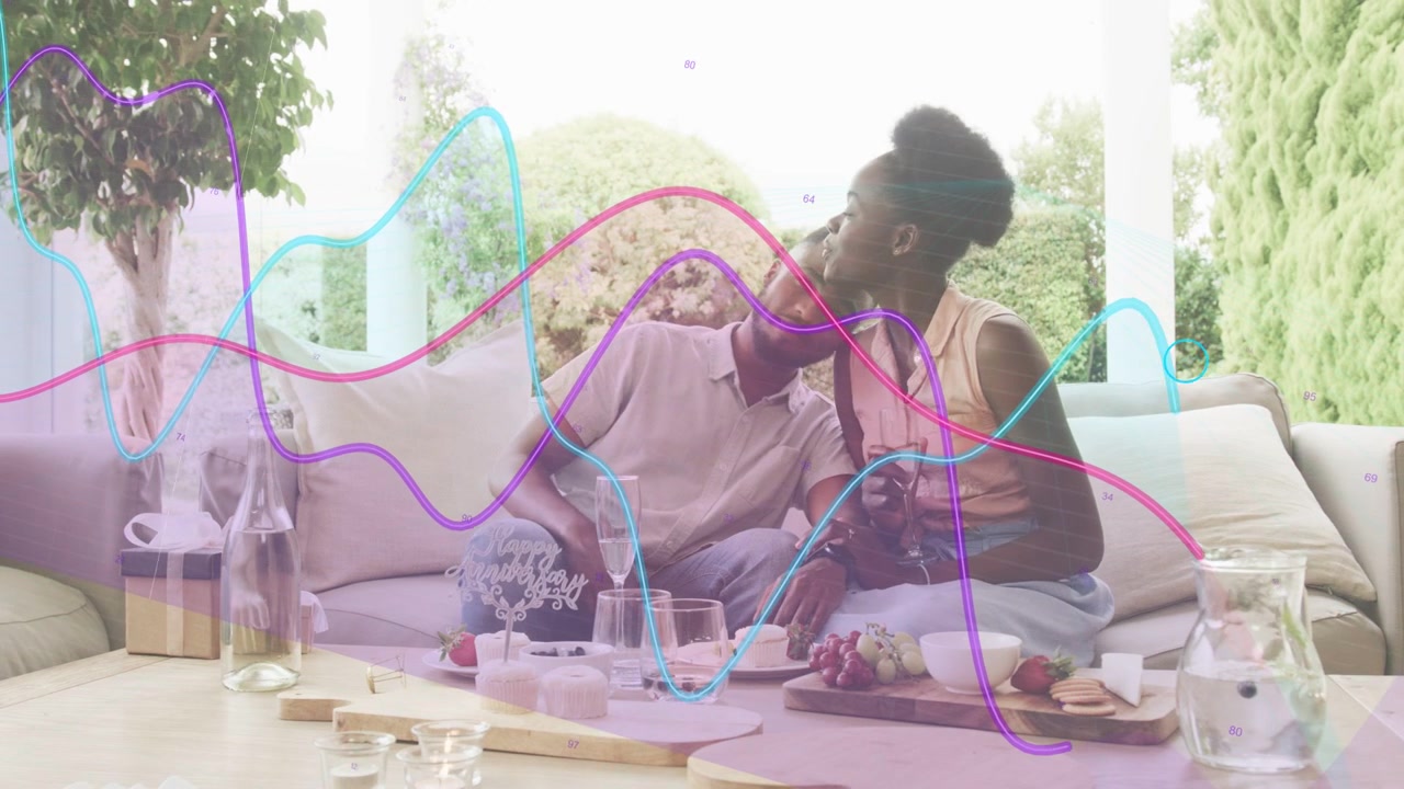 Man reaching her hand while couple talking on patio, food, waves moving, obscuring couple for ads