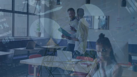animation of financial data processing over diverse business people in office